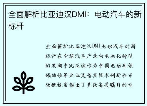 全面解析比亚迪汉DMI：电动汽车的新标杆